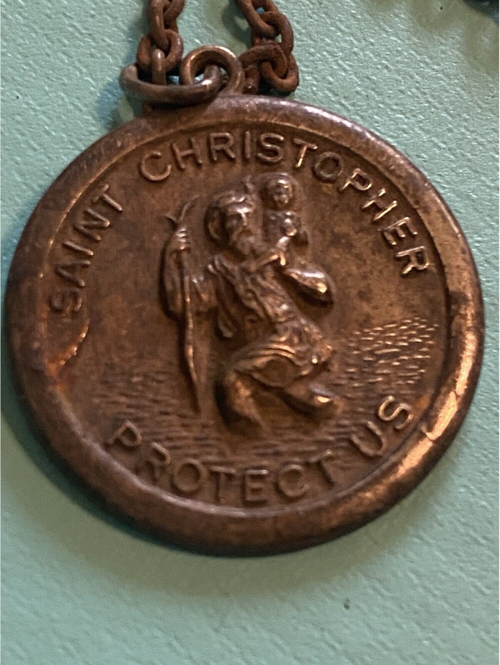 Antique St Christopher PROTECT US God Bless You Pendant Charm